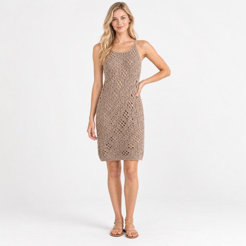 Splendid Eden Taupe Honeycomb Crochet Cotton Lined Sweater Mini Dress Size Small